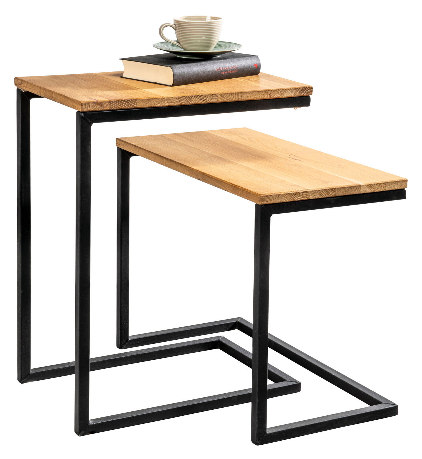 Zwei moderne Beistelltische aus Holz mit schwarzem Metallgestell, übereinander gestapelt, seitliche Perspektive