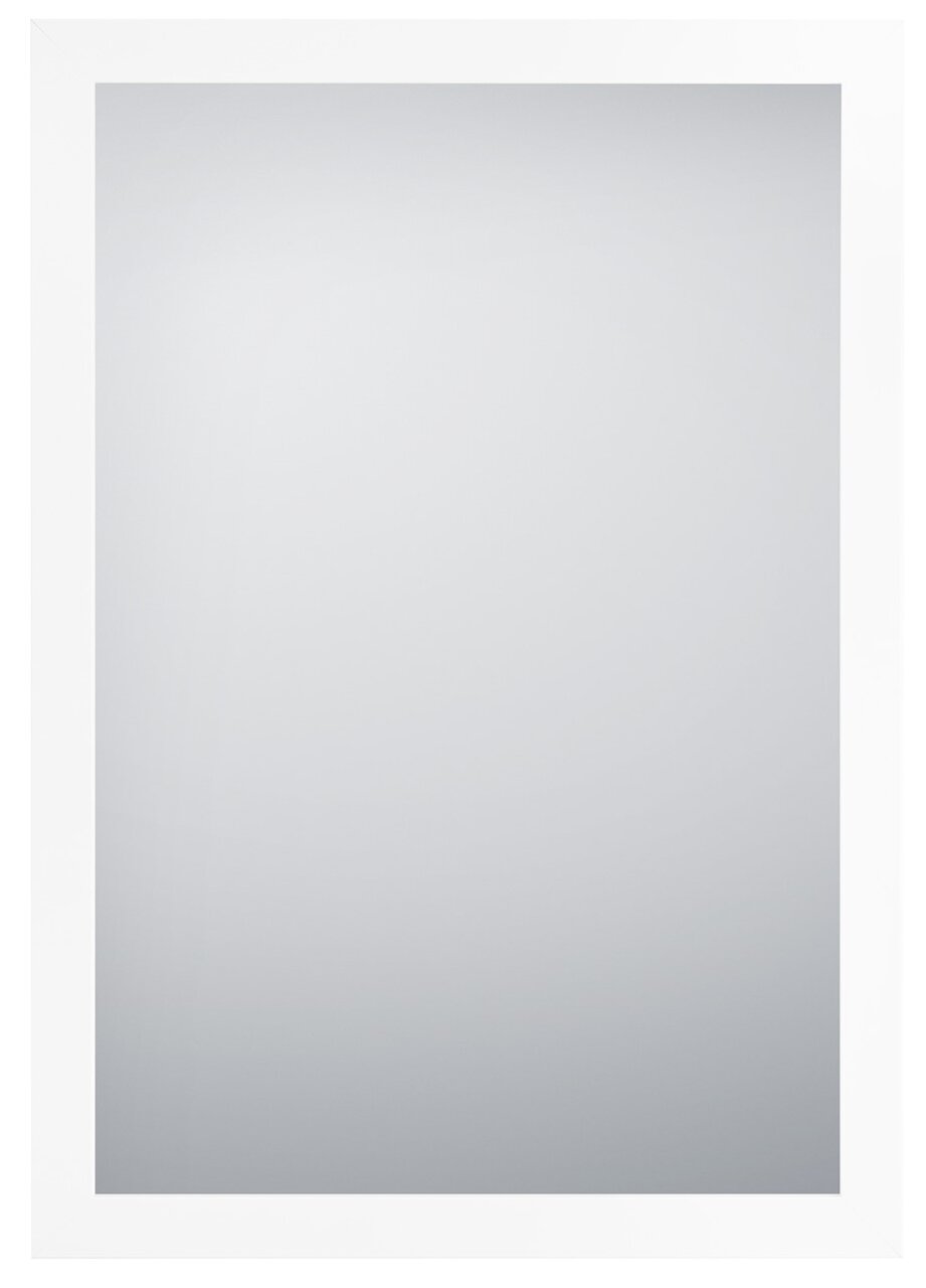 Rechteckiger Spiegel mit weißem Rahmen, frontal fotografiert