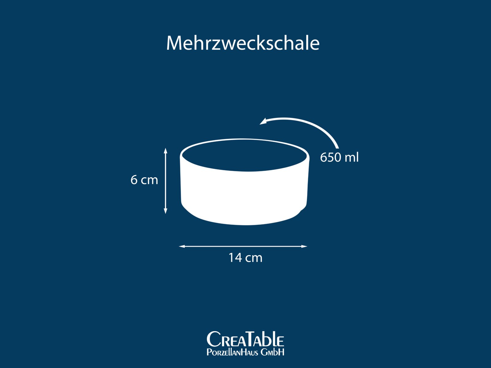 Mehrzweckschale mit 650 ml Fassungsvermögen, 14 cm Durchmesser und 6 cm Höhe, als weiße Silhouette in leicht schräger Seitenansicht mit Blick in die Öffnung dargestellt