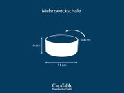 Mehrzweckschale mit 650 ml Fassungsvermögen, 14 cm Durchmesser und 6 cm Höhe, als weiße Silhouette in leicht schräger Seitenansicht mit Blick in die Öffnung dargestellt