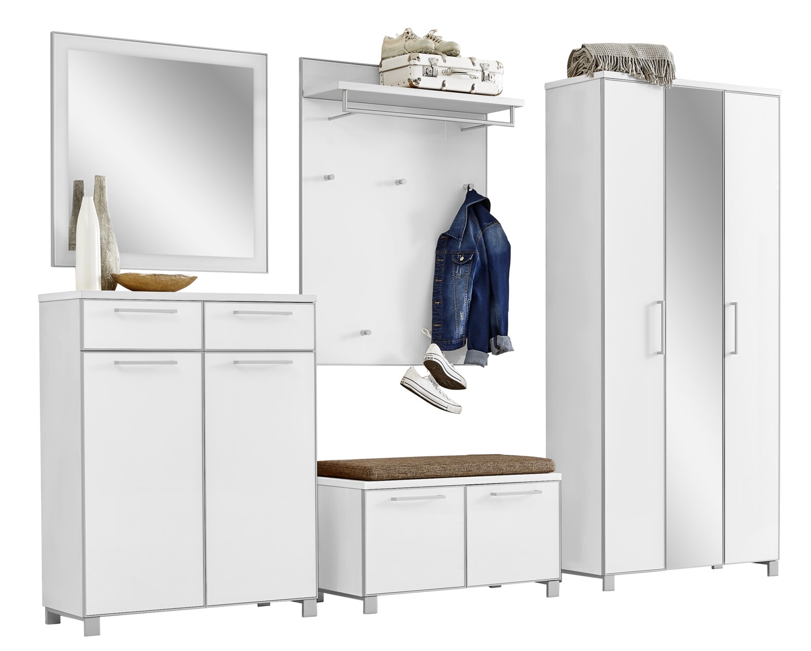 VOSS Garderoben-Set 6-tlg. SANTINA Garderoben-Set 6-tlg. in Weiß, bestehend aus einem Spiegel, einem Schuhschrank, einer Garderobenleiste mit Haken, einem Sitzbank mit Stauraum und einem hohen Schrank mit Spiegeltüren. Frontalansicht.