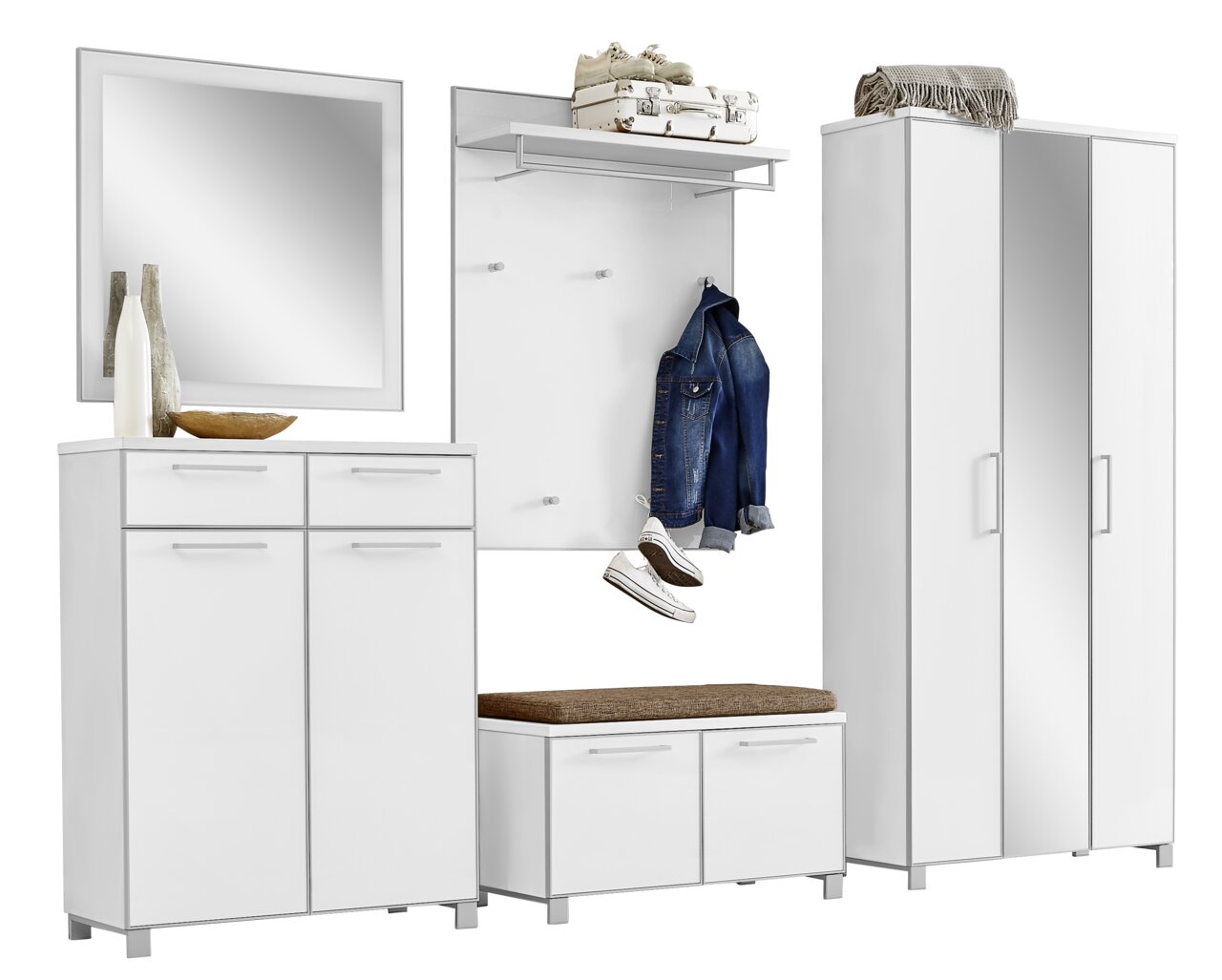 Garderoben-Set 6-tlg. in Weiß, bestehend aus einem Spiegel, einem Schuhschrank, einer Garderobenleiste mit Haken, einem Sitzbank mit Stauraum und einem hohen Schrank mit Spiegeltüren. Frontalansicht.