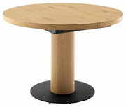 Runder Esstisch aus Holz mit zentralem Säulenfuß, seitliche Perspektive