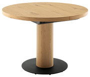 Runder Esstisch aus Holz mit zentralem Säulenfuß, seitliche Perspektive