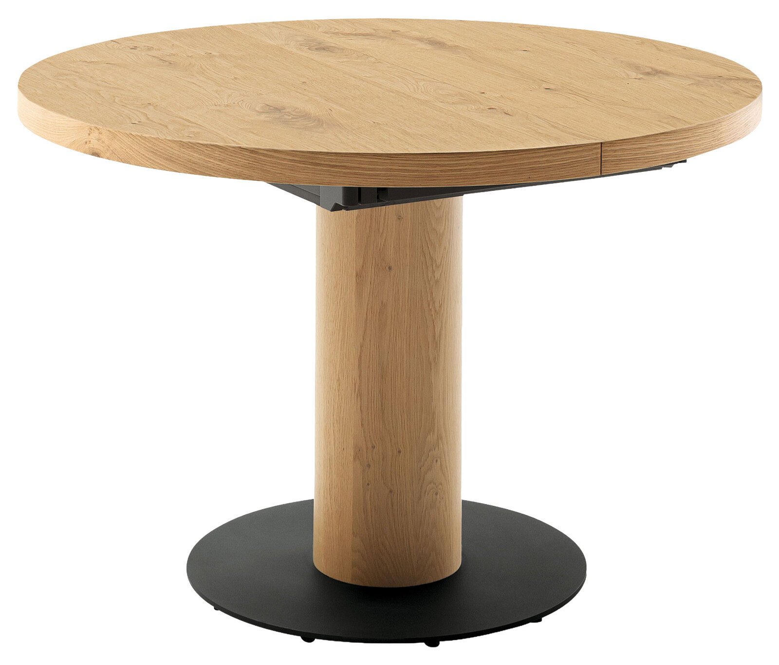 Runder Esstisch aus Holz mit zentralem Säulenfuß, seitliche Perspektive