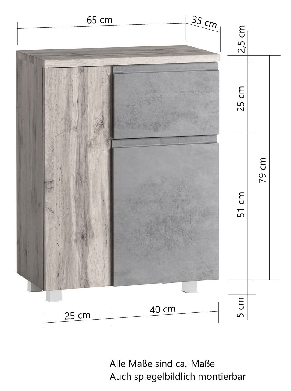 Unterschrank 65 cm in Holzoptik mit grauen Fronten, frontal betrachtet