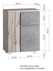 Unterschrank 65 cm in Holzoptik mit grauen Fronten, frontal betrachtet
