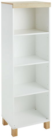 Weißes, offenes Regal mit vier Fächern, Holzoberfläche und Holzfüßen, seitliche Perspektive