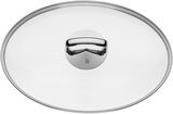 Deckel eines ovalen Bräters aus Glas und Edelstahl, von oben betrachtet