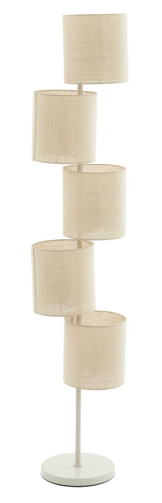 Stehleuchte mit fünf übereinander angeordneten, versetzten Lampenschirmen aus beigem Stoff, seitliche Perspektive
