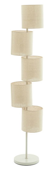 Stehleuchte mit fünf übereinander angeordneten, versetzten Lampenschirmen aus beigem Stoff, seitliche Perspektive