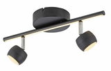 Moderne schwarze Deckenleuchte mit zwei verstellbaren Strahlern, seitliche Perspektive
