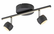 Moderne schwarze Deckenleuchte mit zwei verstellbaren Strahlern, seitliche Perspektive