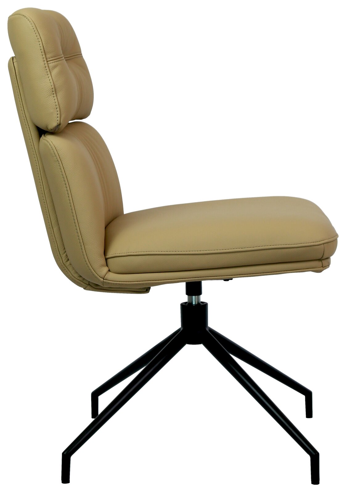Moderner, beiger Stuhl mit gepolsterter Rückenlehne und schwarzem Metallgestell, Seitenansicht