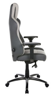 Seitenansicht eines grauen Gaming-Stuhls mit verstellbaren Armlehnen und ergonomischem Design.