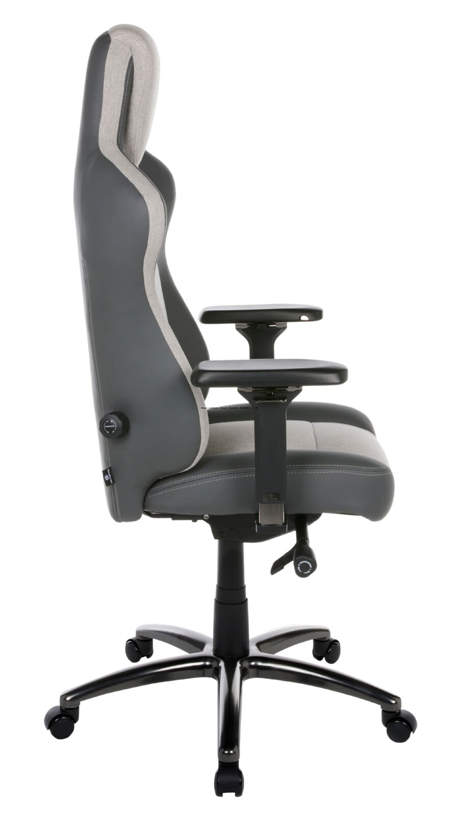 Seitenansicht eines grauen Gaming-Stuhls mit verstellbaren Armlehnen und ergonomischem Design.