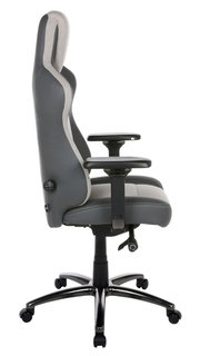 Seitenansicht eines grauen Gaming-Stuhls mit verstellbaren Armlehnen und ergonomischem Design.