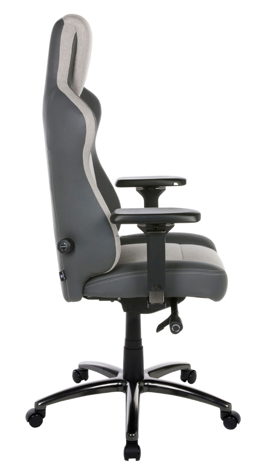 Seitenansicht eines grauen Gaming-Stuhls mit verstellbaren Armlehnen und ergonomischem Design.