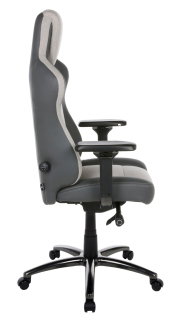 Seitenansicht eines grauen Gaming-Stuhls mit verstellbaren Armlehnen und ergonomischem Design.