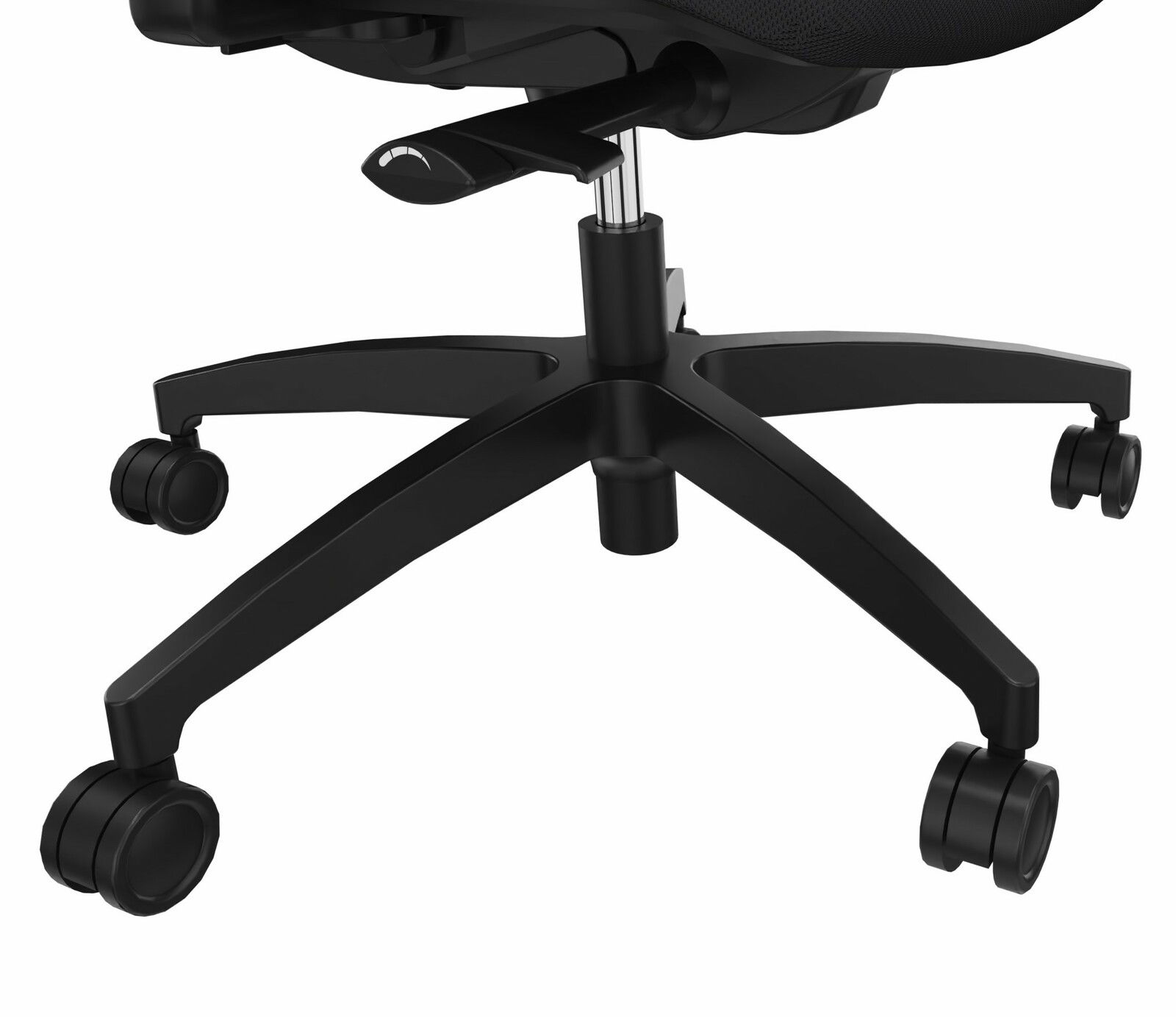 Nahaufnahme der Basis eines schwarzen Drehstuhls mit fünf Rollen, seitliche Perspektive.