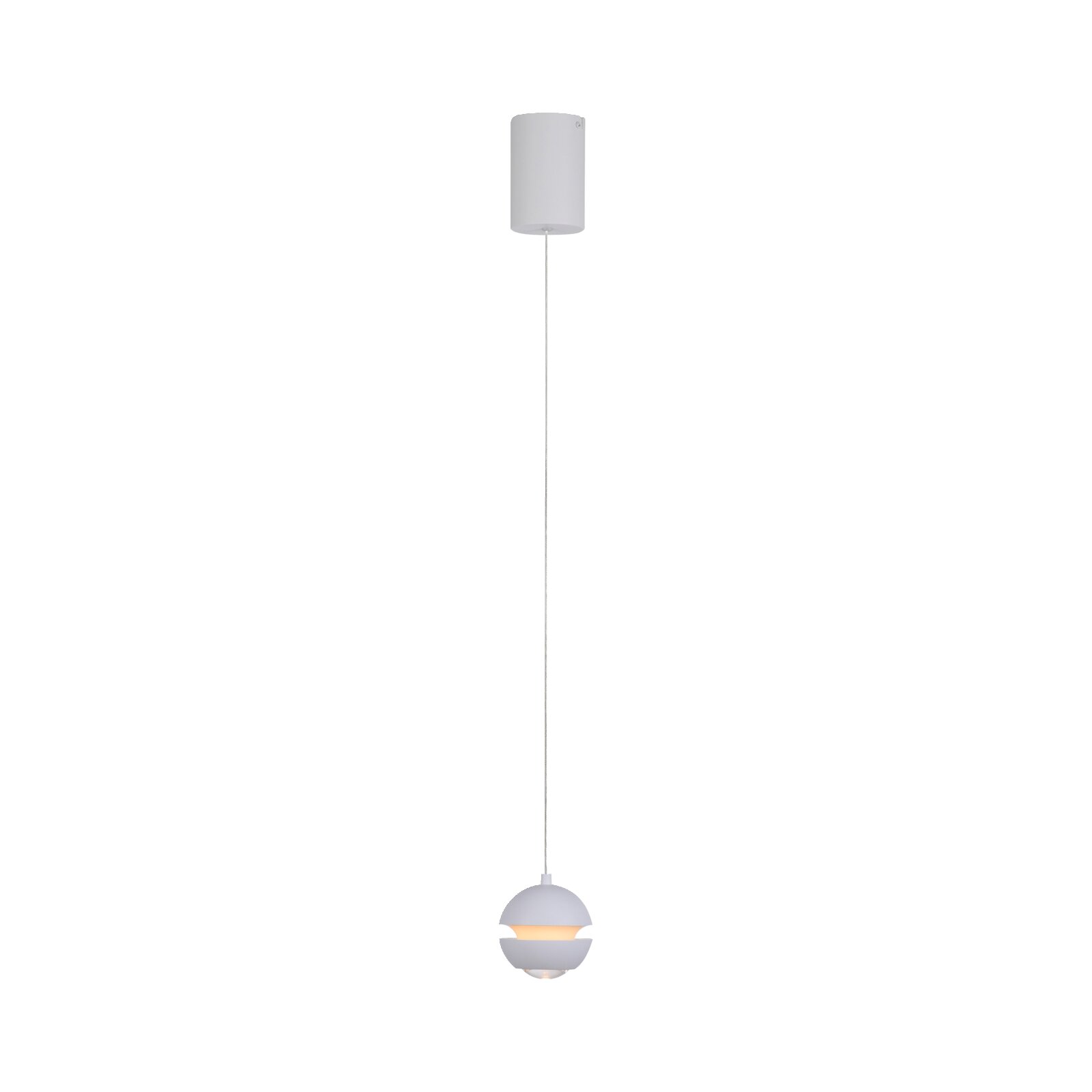 Weiße Pendelleuchte mit kugelförmigem Lampenschirm und warmem Licht, hängend an langem Kabel mit zylindrischem Baldachin, freigestellt auf weißem Hintergrund, Frontalansicht.
