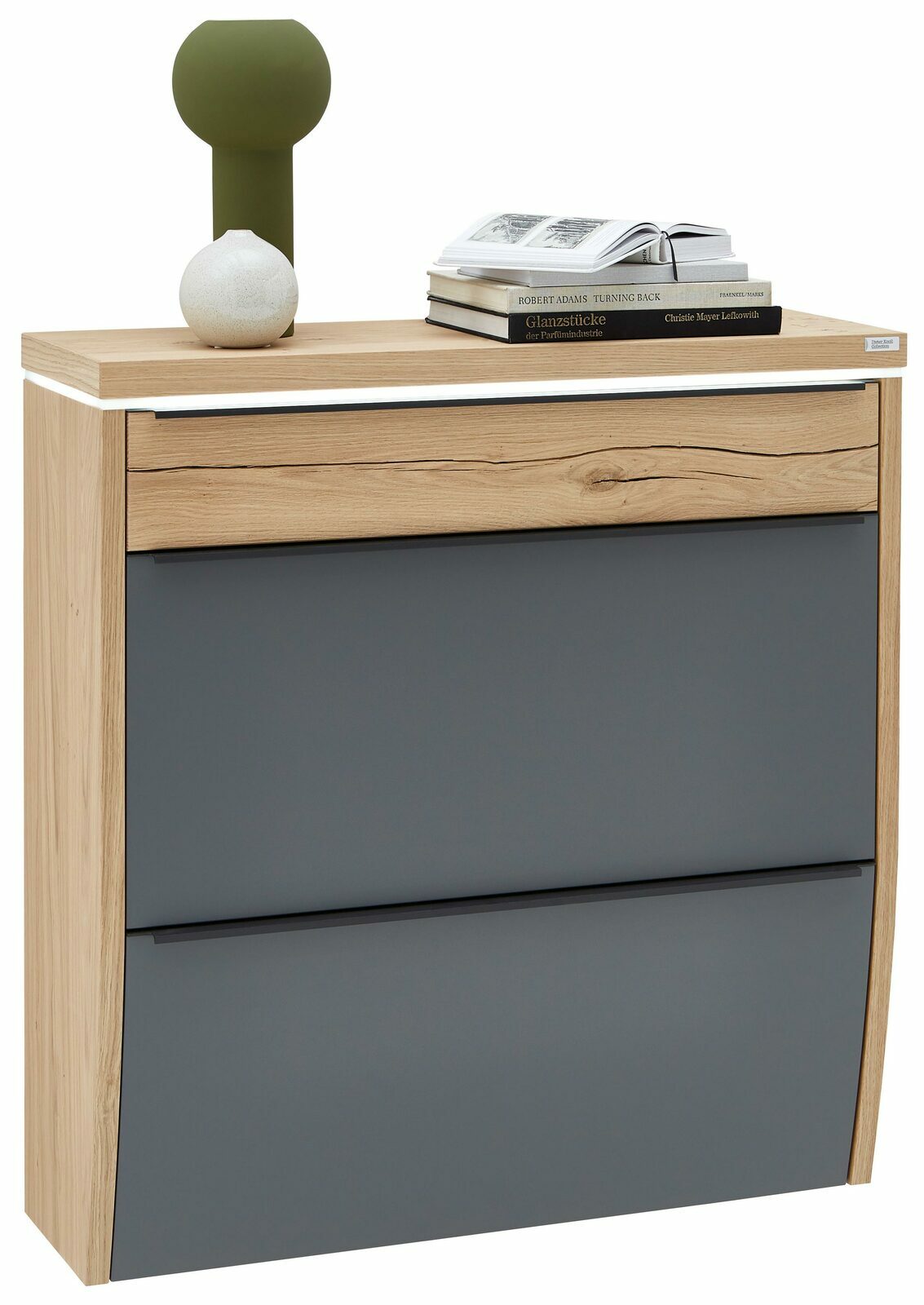 Moderner Hängeschuhschrank mit LED-Beleuchtung, Holzoptik und grauen Fronten, seitliche Perspektive