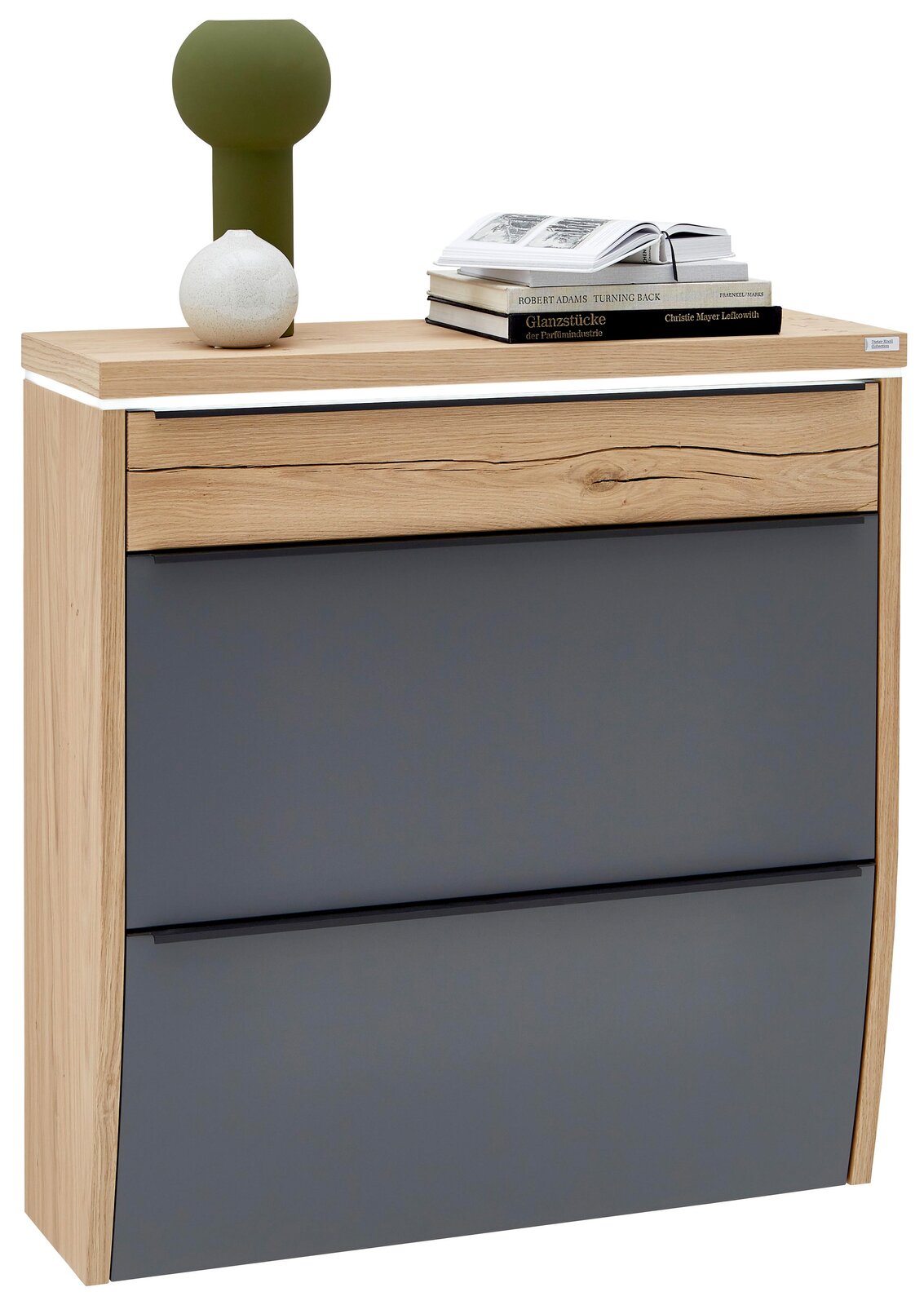 Moderner Hängeschuhschrank mit LED-Beleuchtung, Holzoptik und grauen Fronten, seitliche Perspektive