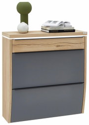 Moderner Hängeschuhschrank mit LED-Beleuchtung, Holzoptik und grauen Fronten, seitliche Perspektive
