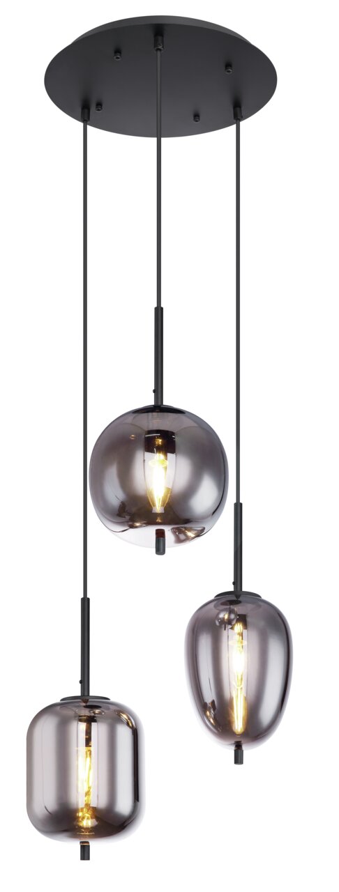 Moderne Hängeleuchte BLACKY mit drei rauchgrauen Glaskugeln, Ansicht von unten.