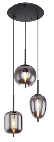 Moderne Hängeleuchte BLACKY mit drei rauchgrauen Glaskugeln, Ansicht von unten.