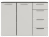 Weißes Sideboard mit zwei Türen und drei Schubladen, frontale Ansicht