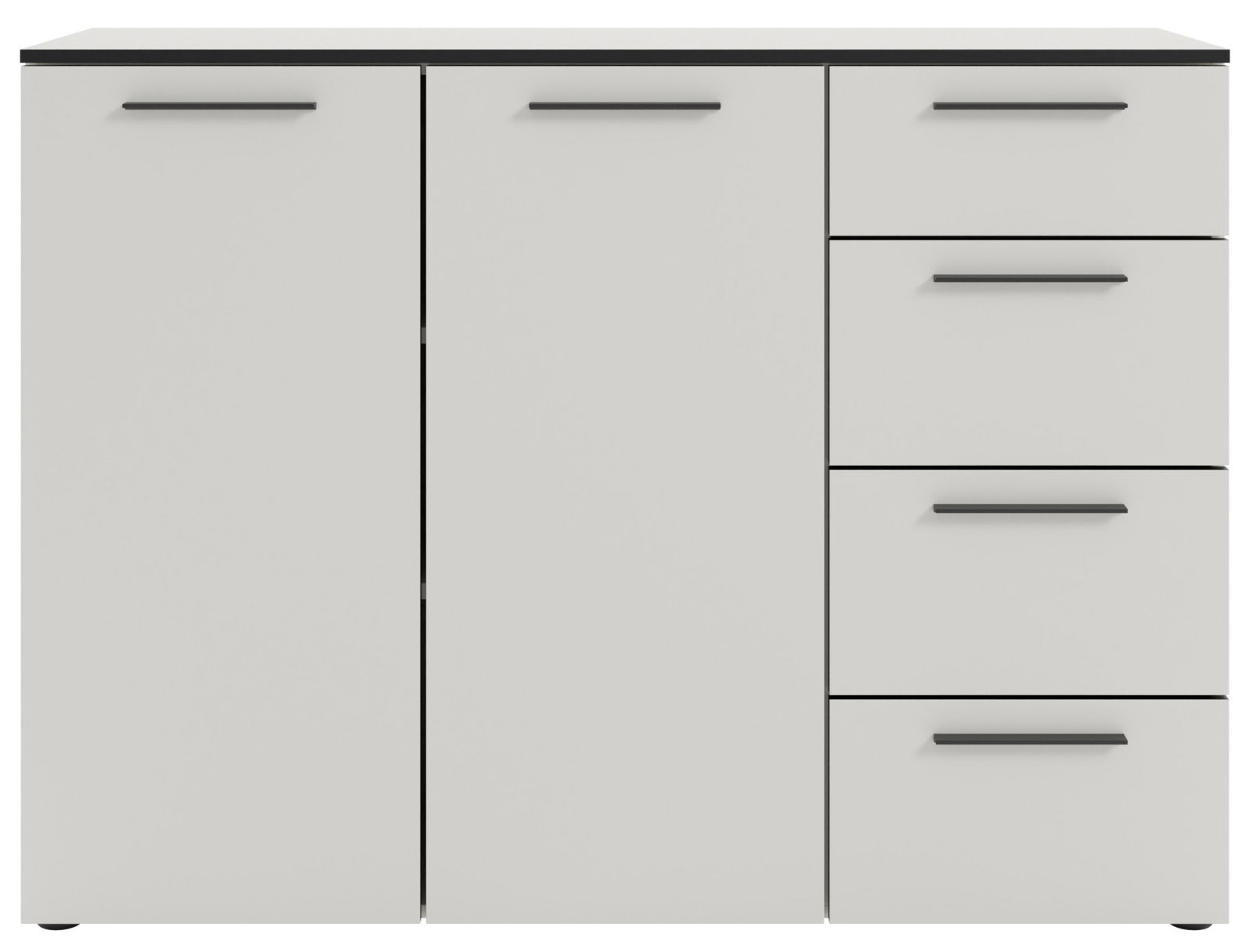 Weißes Sideboard mit zwei Türen und drei Schubladen, frontale Ansicht