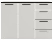 Weißes Sideboard mit zwei Türen und drei Schubladen, frontale Ansicht