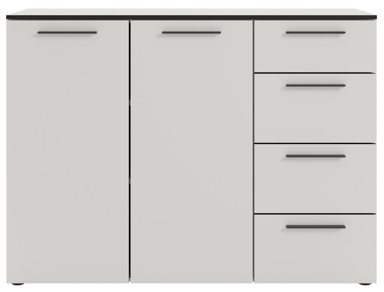 Weißes Sideboard mit zwei Türen und drei Schubladen, frontale Ansicht