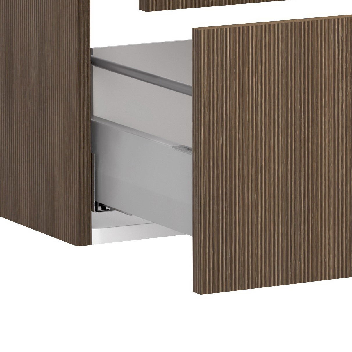 Nahaufnahme eines Waschtisch-Sets mit Holzoptik und geöffneter Schublade, seitliche Perspektive