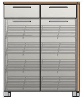 Moderner Schuhschrank mit zwei Schubladen und Glastüren, Frontansicht.