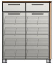 Moderner Schuhschrank mit zwei Schubladen und Glastüren, Frontansicht.