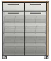 Moderner Schuhschrank mit zwei Schubladen und Glastüren, Frontansicht.