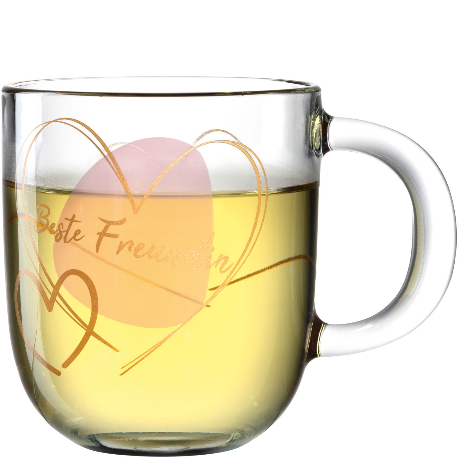 Glas-Tasse mit der Aufschrift 'Beste Freundin' und Herzmotiv, seitliche Perspektive