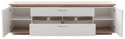 Weißes Sideboard/TV-Lowboard mit Holzplatte, beide Türen und zwei Schubladen geöffnet, Innenfächer sichtbar, Frontansicht