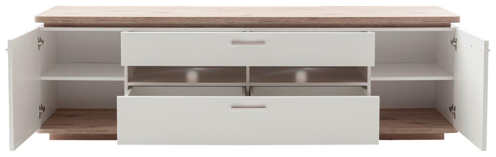 Wit dressoir/tv-kast met houten blad, beide deuren en twee lades open, binnenvakken zichtbaar, vooraanzicht