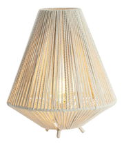 Tischleuchte mit weißem, fadenbespanntem Schirm, seitliche Perspektive