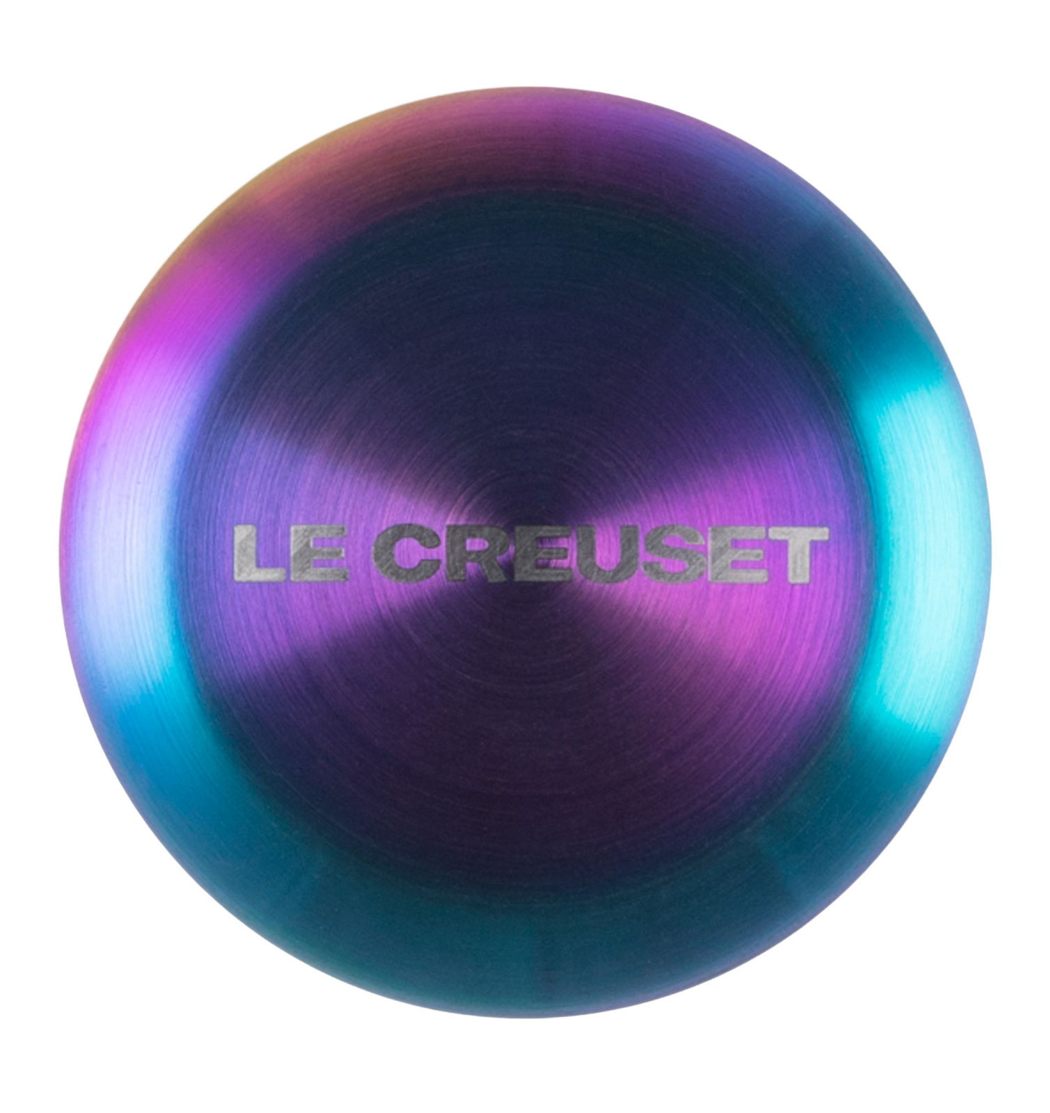 Irisierender Deckelknopf von oben mit schimmernden Farben und Le Creuset Logo.