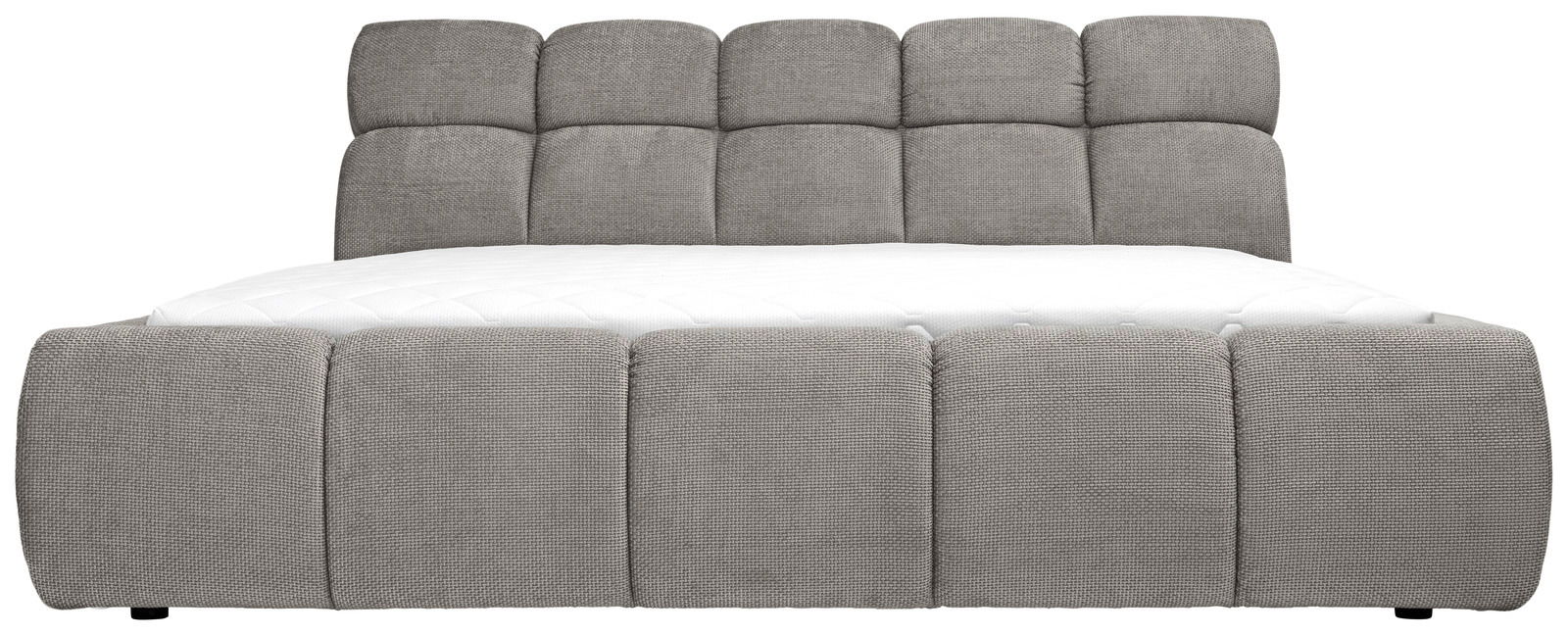 Frontale Ansicht eines grauen Polsterbetts mit gestepptem Kopfteil und Fußteil.