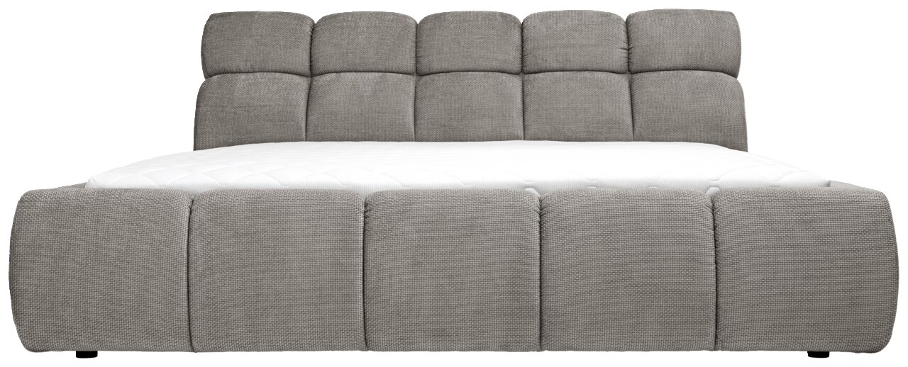 Frontale Ansicht eines grauen Polsterbetts mit gestepptem Kopfteil und Fußteil.