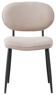 Moderner Stuhl mit gepolstertem Sitz und Rückenlehne in hellem Stoff, schwarze Metallbeine, Frontalansicht