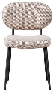 Moderner Stuhl mit gepolstertem Sitz und Rückenlehne in hellem Stoff, schwarze Metallbeine, Frontalansicht