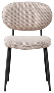 Moderner Stuhl mit gepolstertem Sitz und Rückenlehne in hellem Stoff, schwarze Metallbeine, Frontalansicht