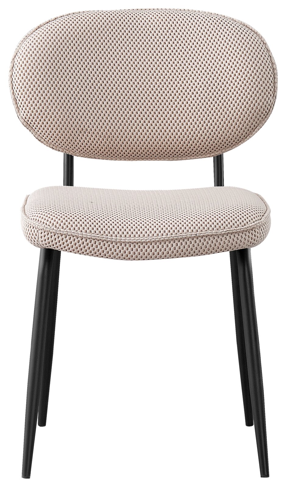 Moderner Stuhl mit gepolstertem Sitz und Rückenlehne in hellem Stoff, schwarze Metallbeine, Frontalansicht