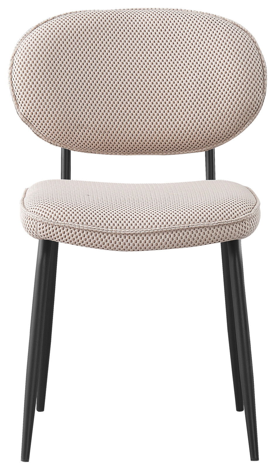 Moderner Stuhl mit gepolstertem Sitz und Rückenlehne in hellem Stoff, schwarze Metallbeine, Frontalansicht